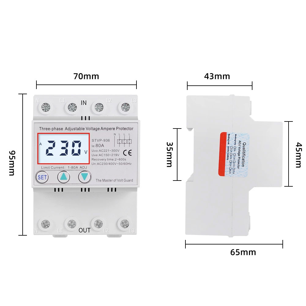 STVP936 Protector inteligente de sobretensión y subtensión ajustable, de reinicio automático, trifásico