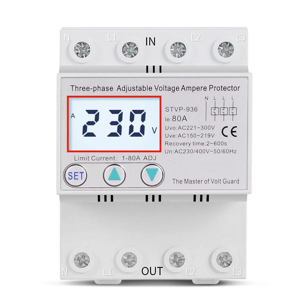 STVP936 Protector inteligente de sobretensión y subtensión ajustable, de reinicio automático, trifásico