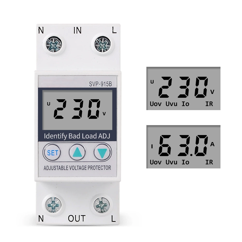 Protector limitador de corriente de subtensión ajustable con pantalla LCD SVP 915 y reconocimiento de carga maligna